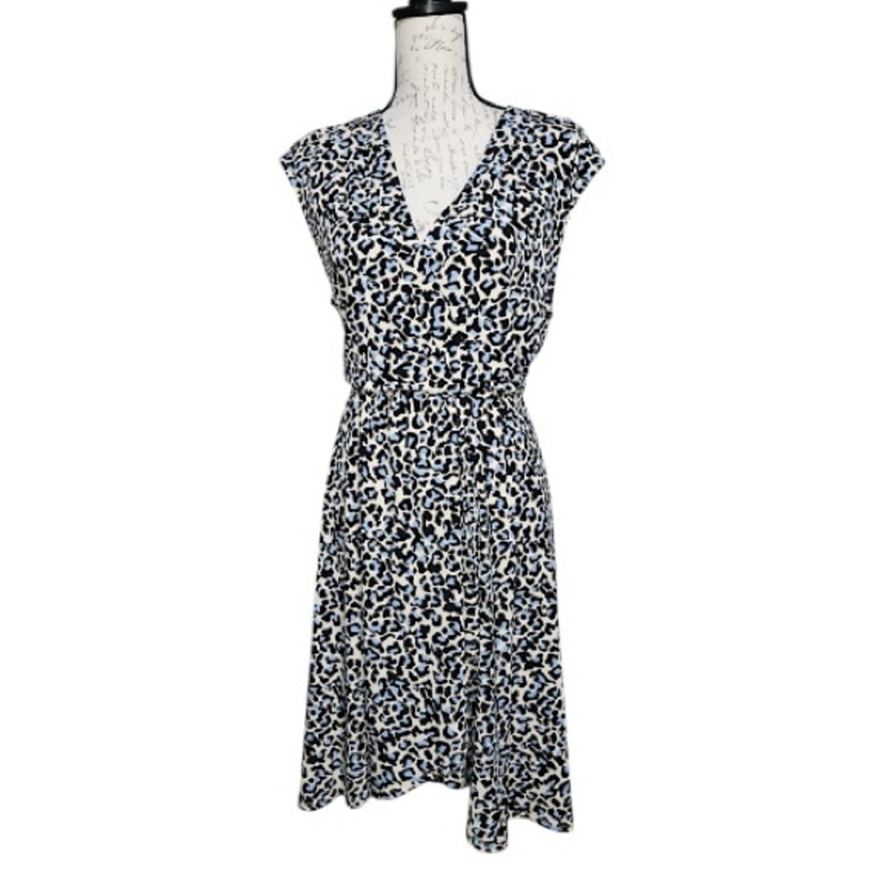 BCBGl Maxazria Cadet Blue Leopard Print Faux Wrap V Neck Elastic Dress Sz Sm